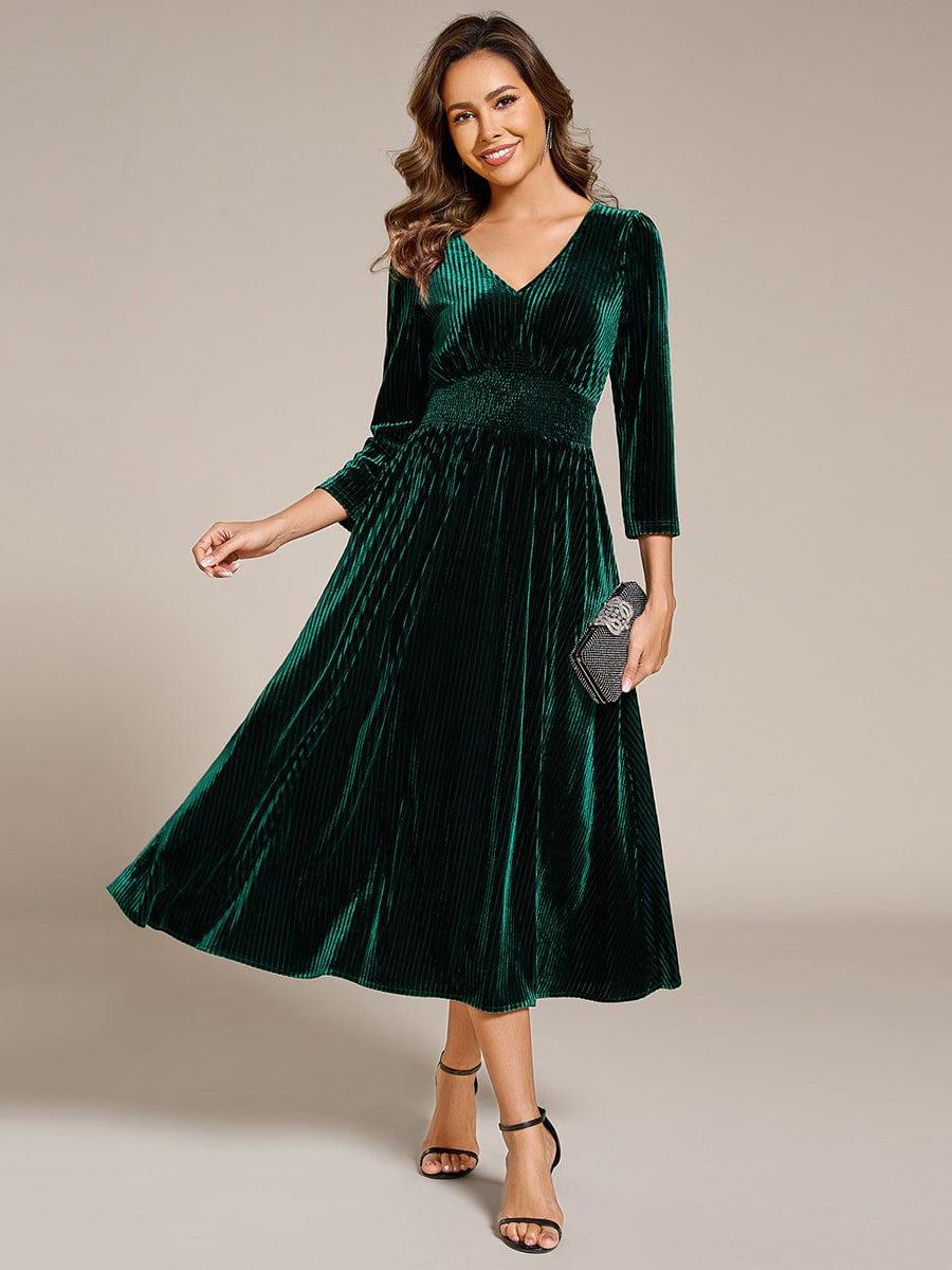 ever ARLET|V-neck Long Sleeve Velvet A-Line Midi Wedding Guest Dress