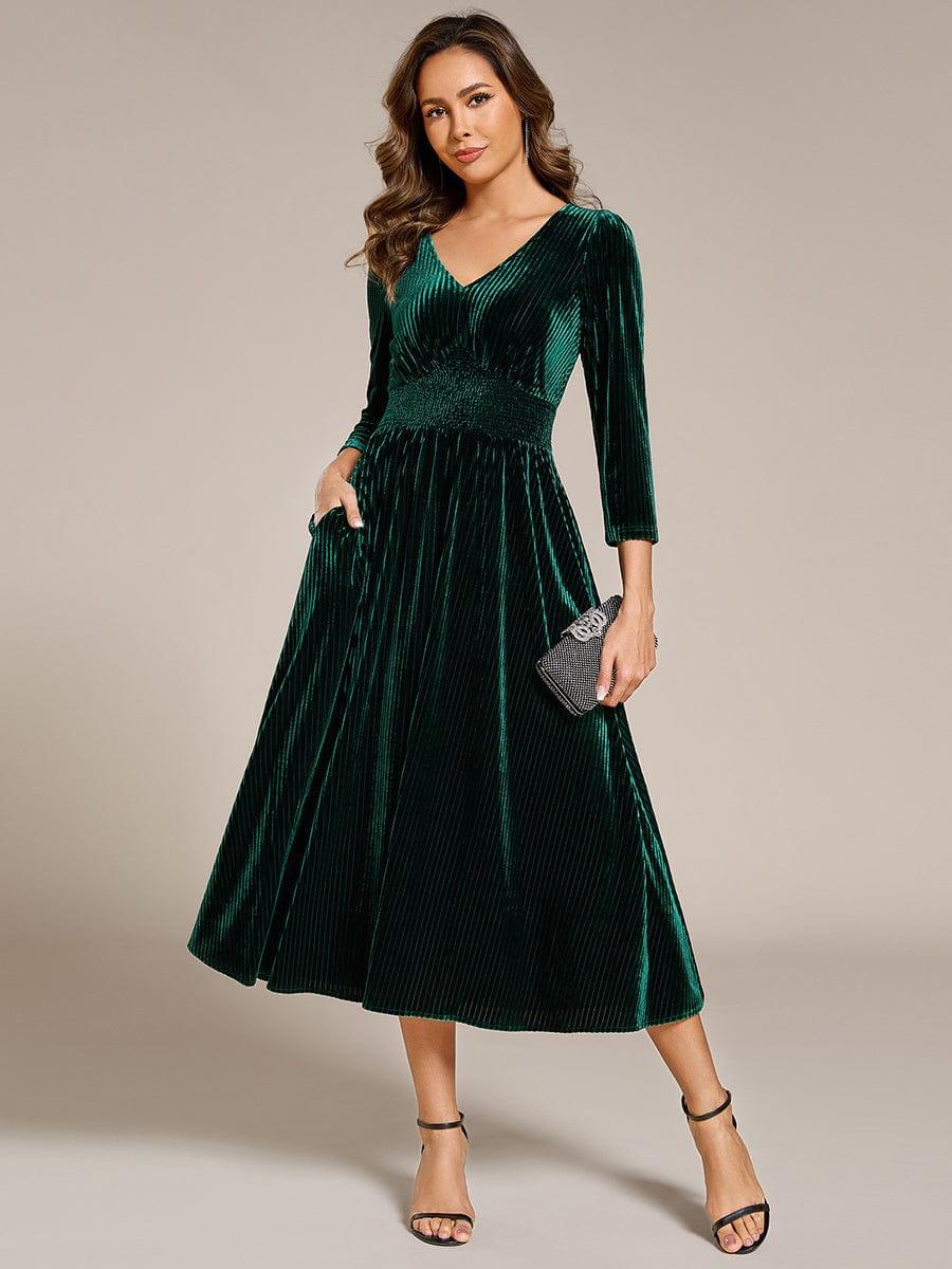 ever ARLET|V-neck Long Sleeve Velvet A-Line Midi Wedding Guest Dress
