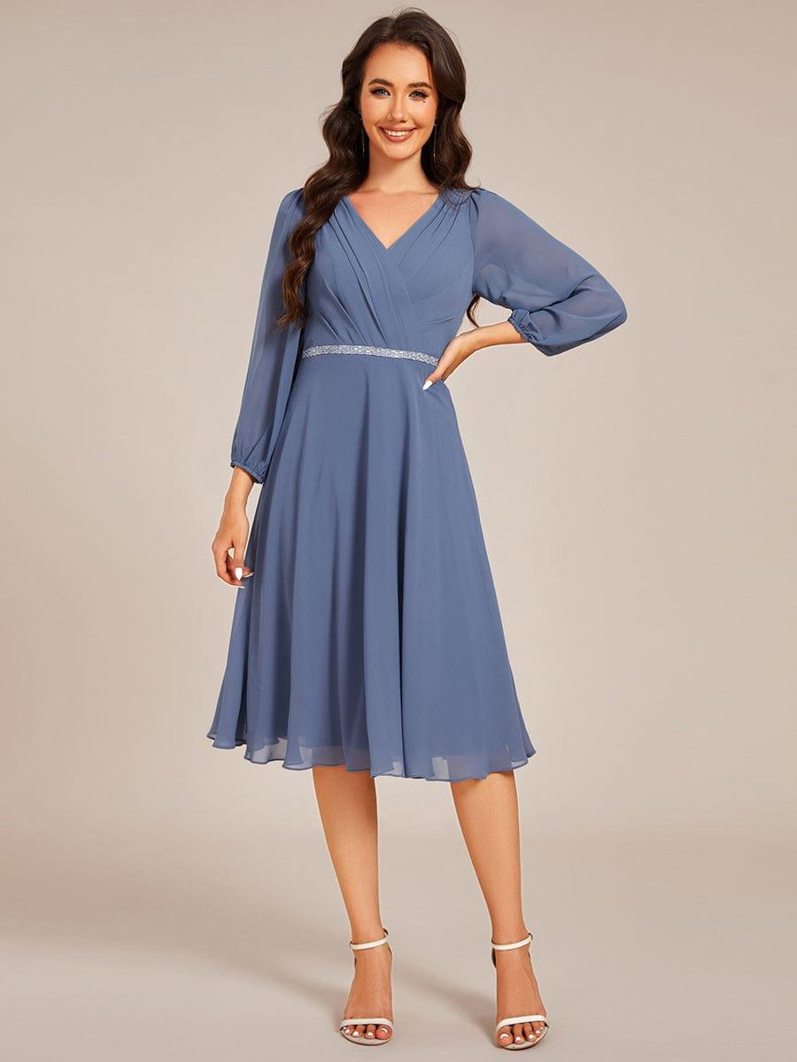 ever NYLAH|V-neck Long Sleeve Pleated Chiffon Midi Wedding Guest Dress