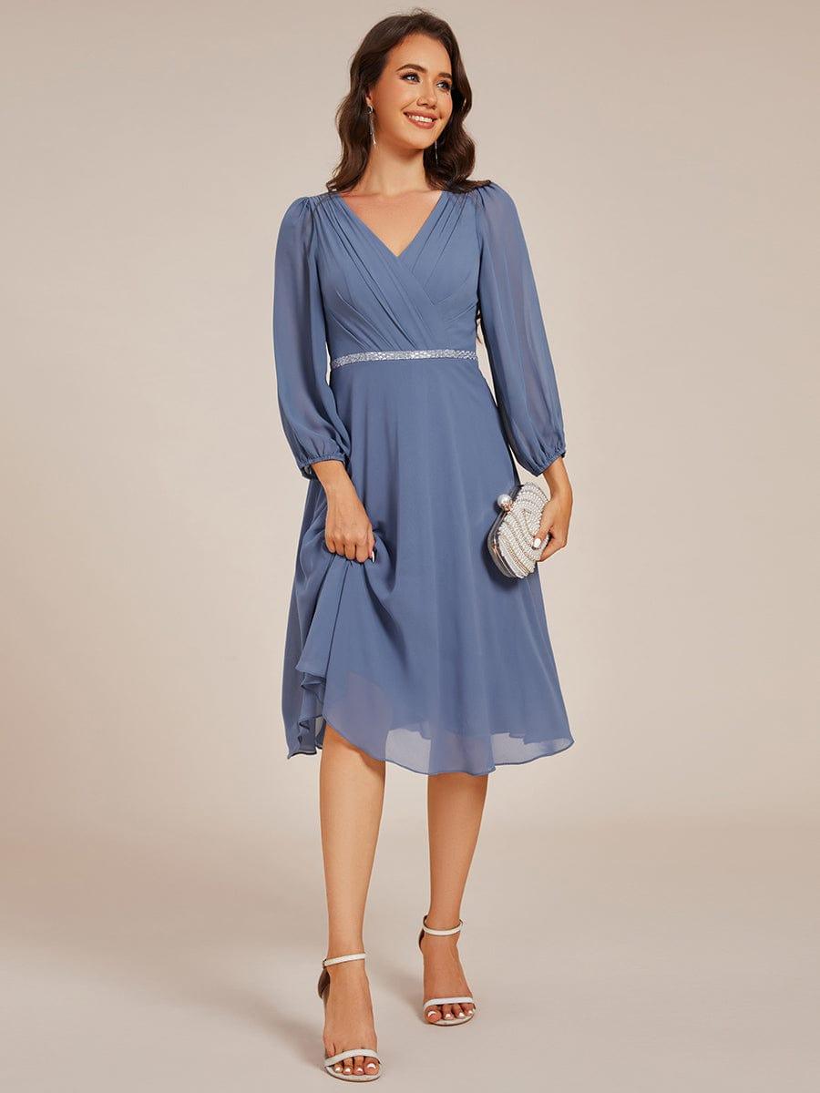 ever NYLAH|V-neck Long Sleeve Pleated Chiffon Midi Wedding Guest Dress