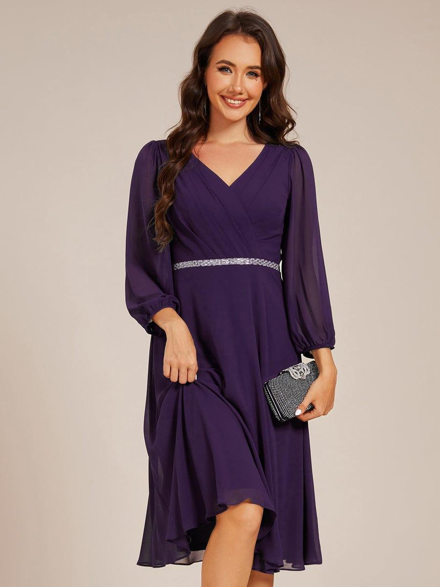 ever NYLAH|V-neck Long Sleeve Pleated Chiffon Midi Wedding Guest Dress
