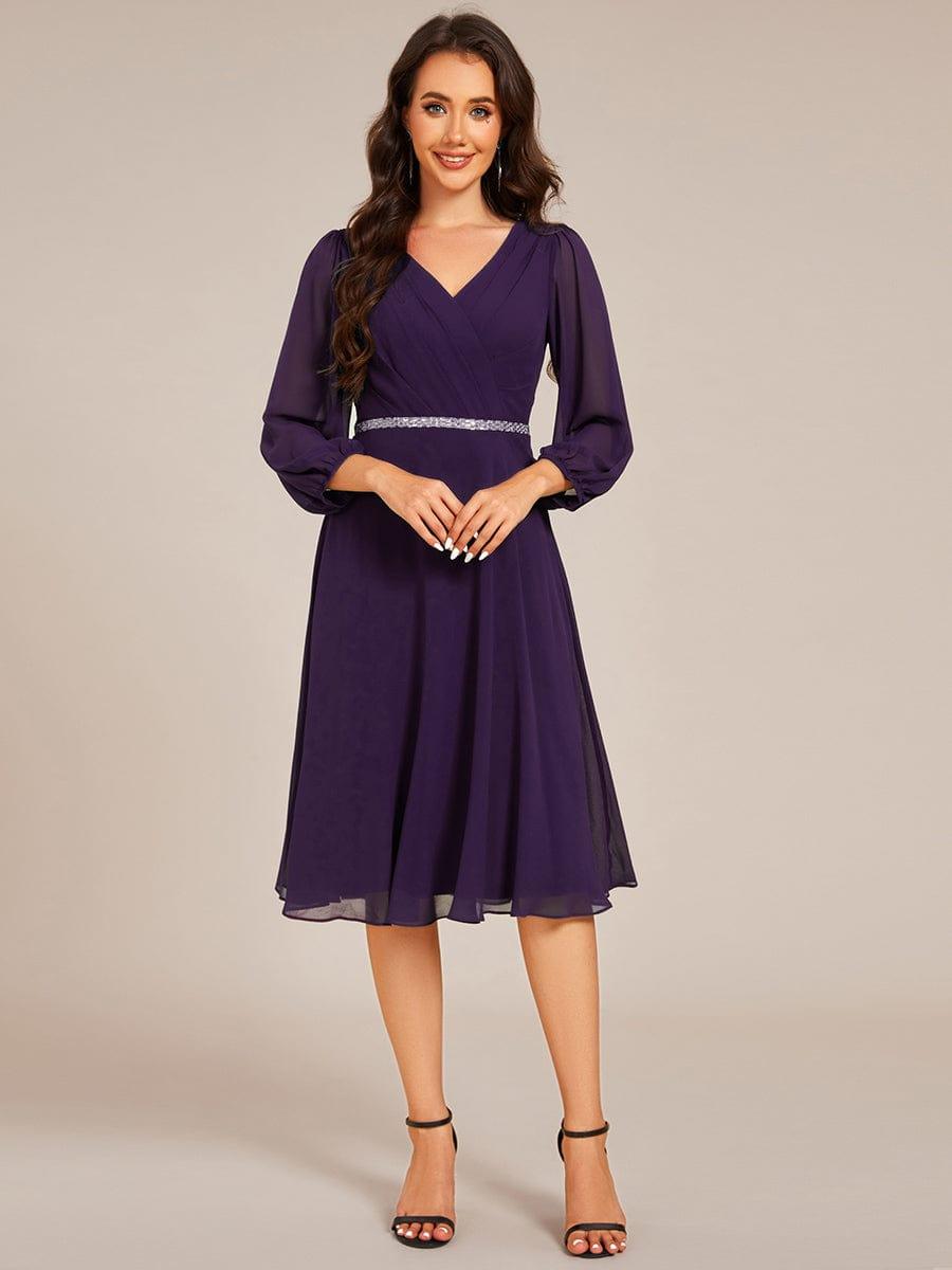 ever NYLAH|V-neck Long Sleeve Pleated Chiffon Midi Wedding Guest Dress