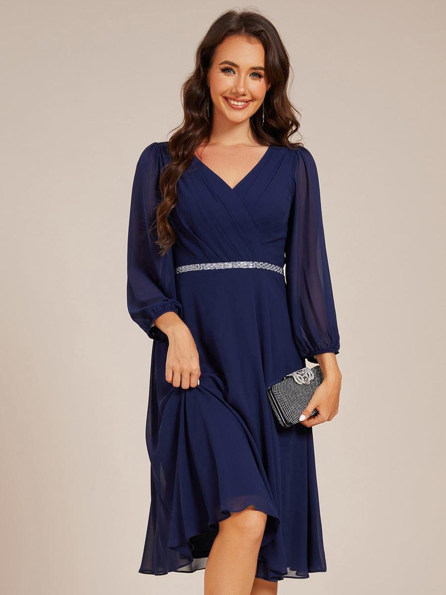 ever NYLAH|V-neck Long Sleeve Pleated Chiffon Midi Wedding Guest Dress