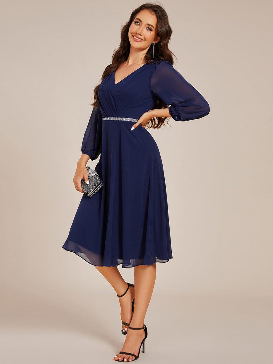 ever NYLAH|V-neck Long Sleeve Pleated Chiffon Midi Wedding Guest Dress
