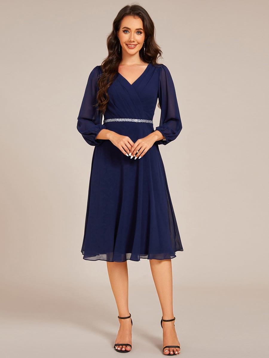 ever NYLAH|V-neck Long Sleeve Pleated Chiffon Midi Wedding Guest Dress