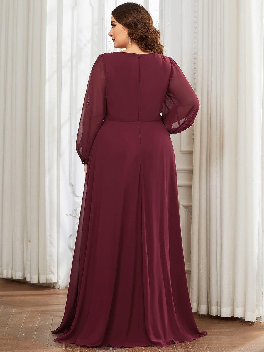 ever AMOUR|Lantern Long Slit Sleeve Deep V Applique Maxi Evening Dress
