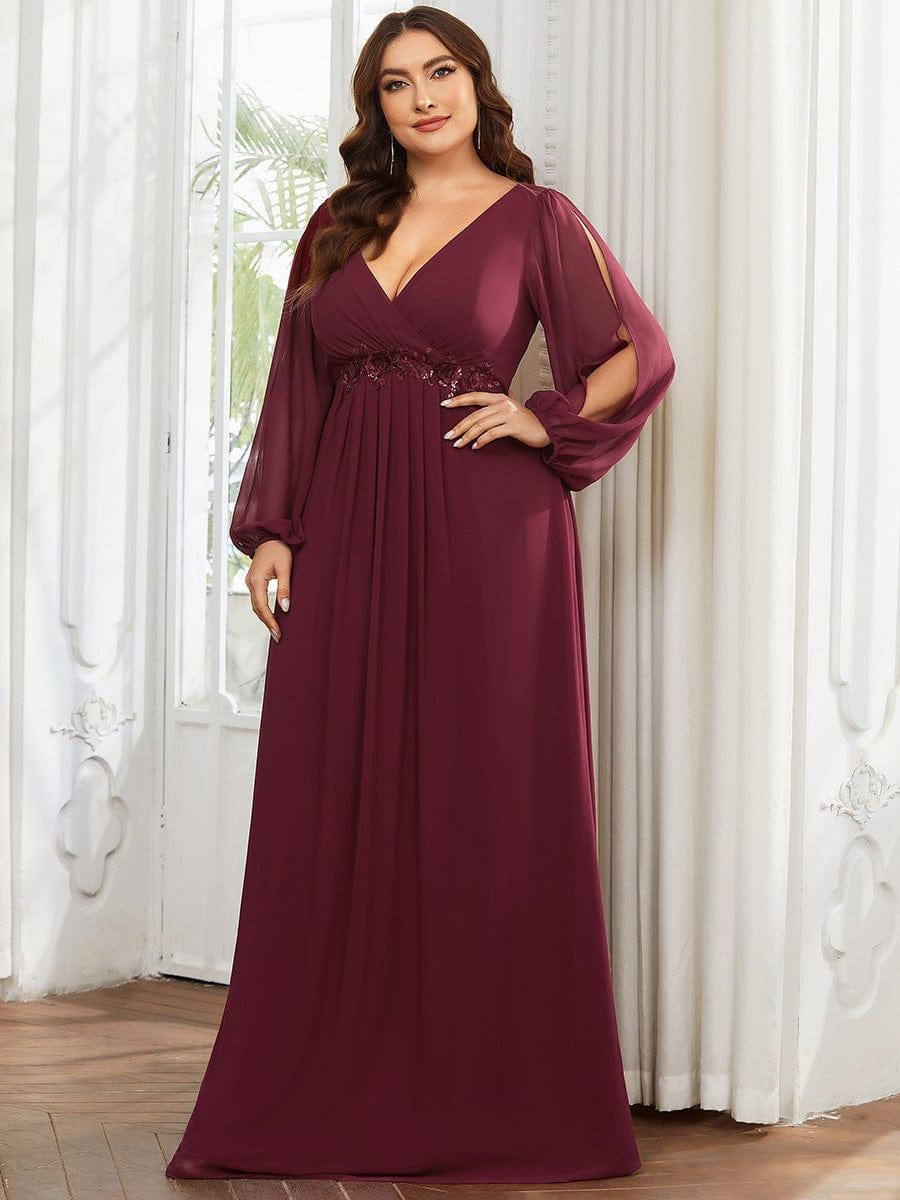 ever AMOUR|Lantern Long Slit Sleeve Deep V Applique Maxi Evening Dress