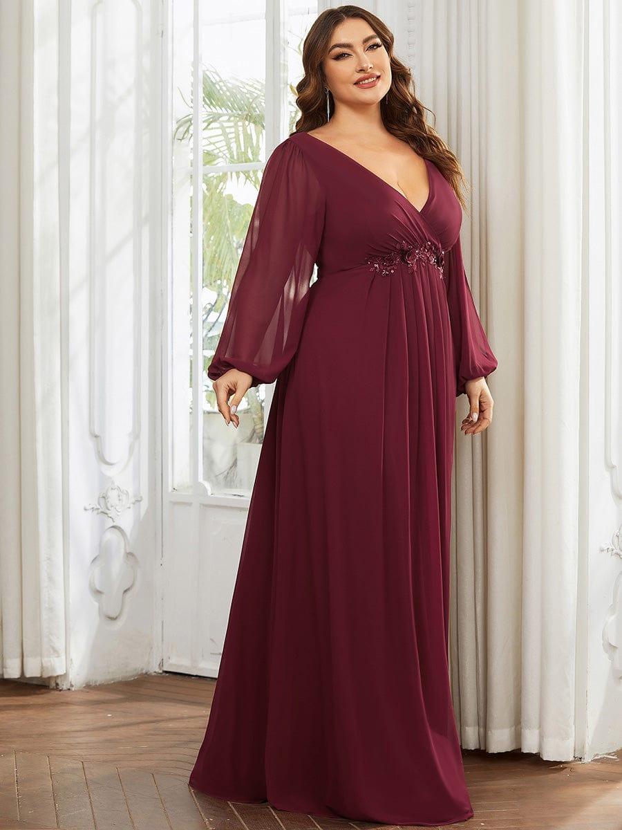ever AMOUR|Lantern Long Slit Sleeve Deep V Applique Maxi Evening Dress