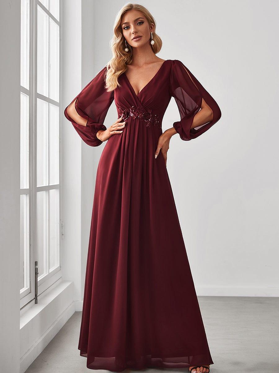 ever AMOUR|Lantern Long Slit Sleeve Deep V Applique Maxi Evening Dress