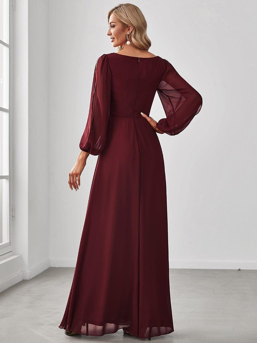 ever AMOUR|Lantern Long Slit Sleeve Deep V Applique Maxi Evening Dress