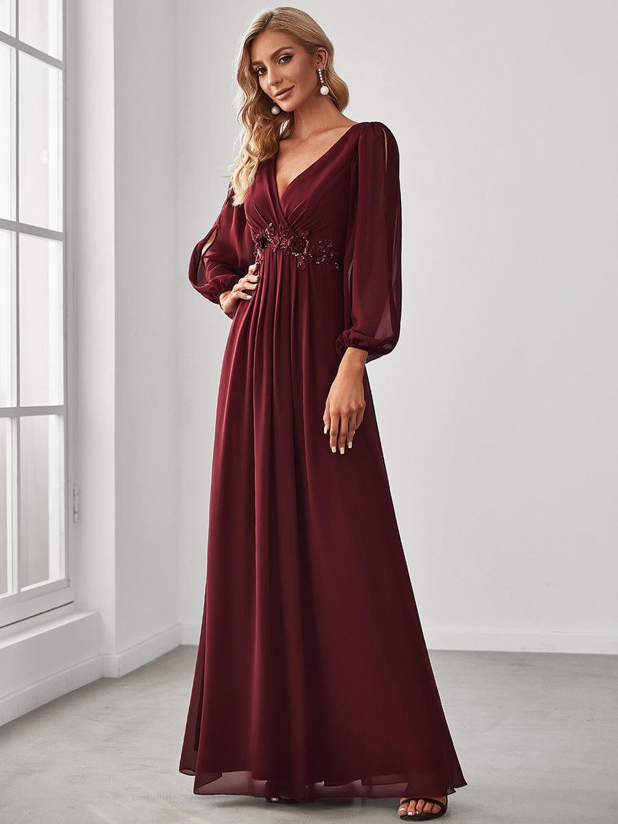 ever AMOUR|Lantern Long Slit Sleeve Deep V Applique Maxi Evening Dress