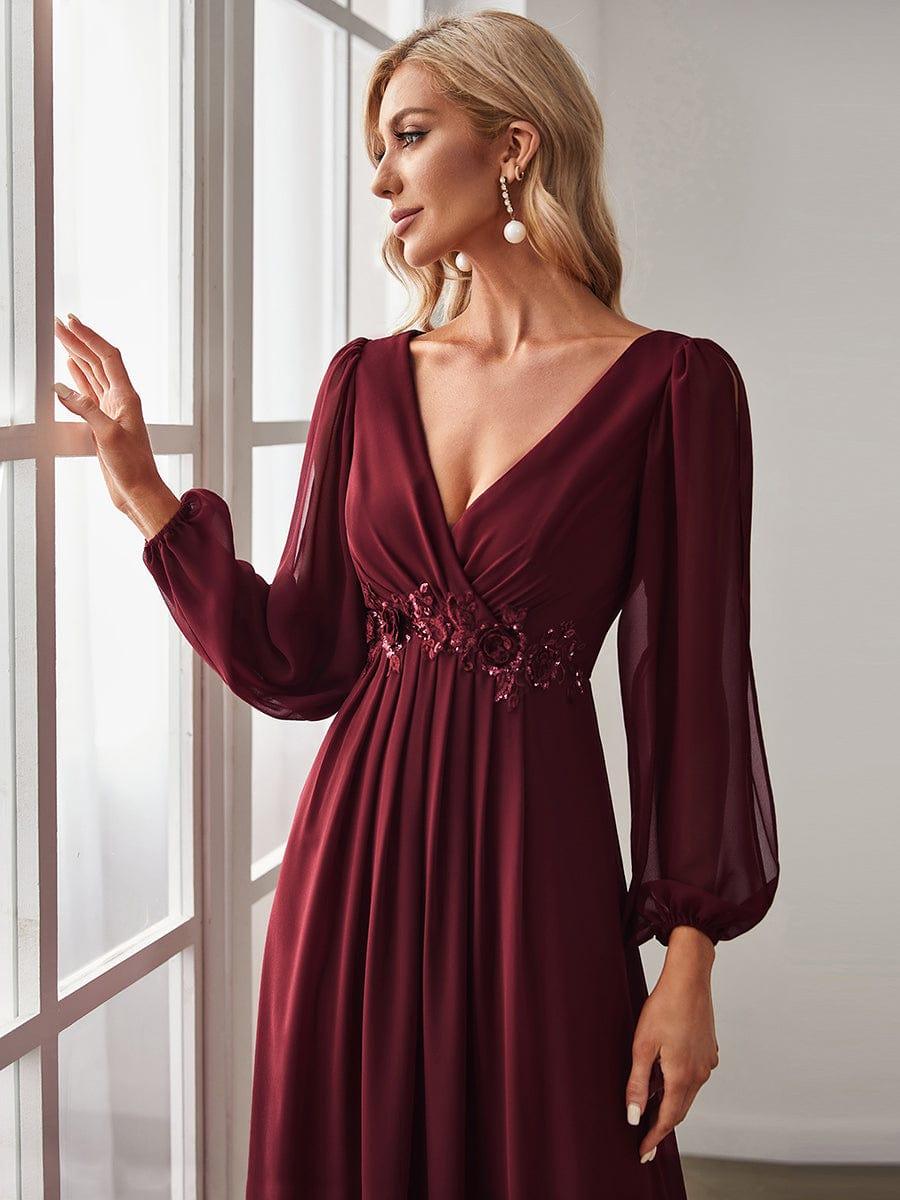 ever AMOUR|Lantern Long Slit Sleeve Deep V Applique Maxi Evening Dress