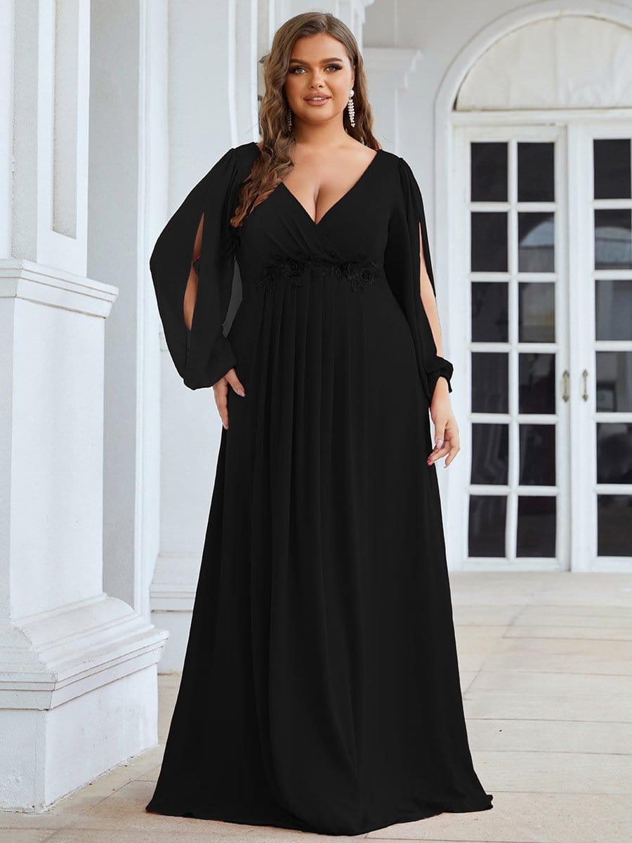 ever AMOUR|Lantern Long Slit Sleeve Deep V Applique Maxi Evening Dress