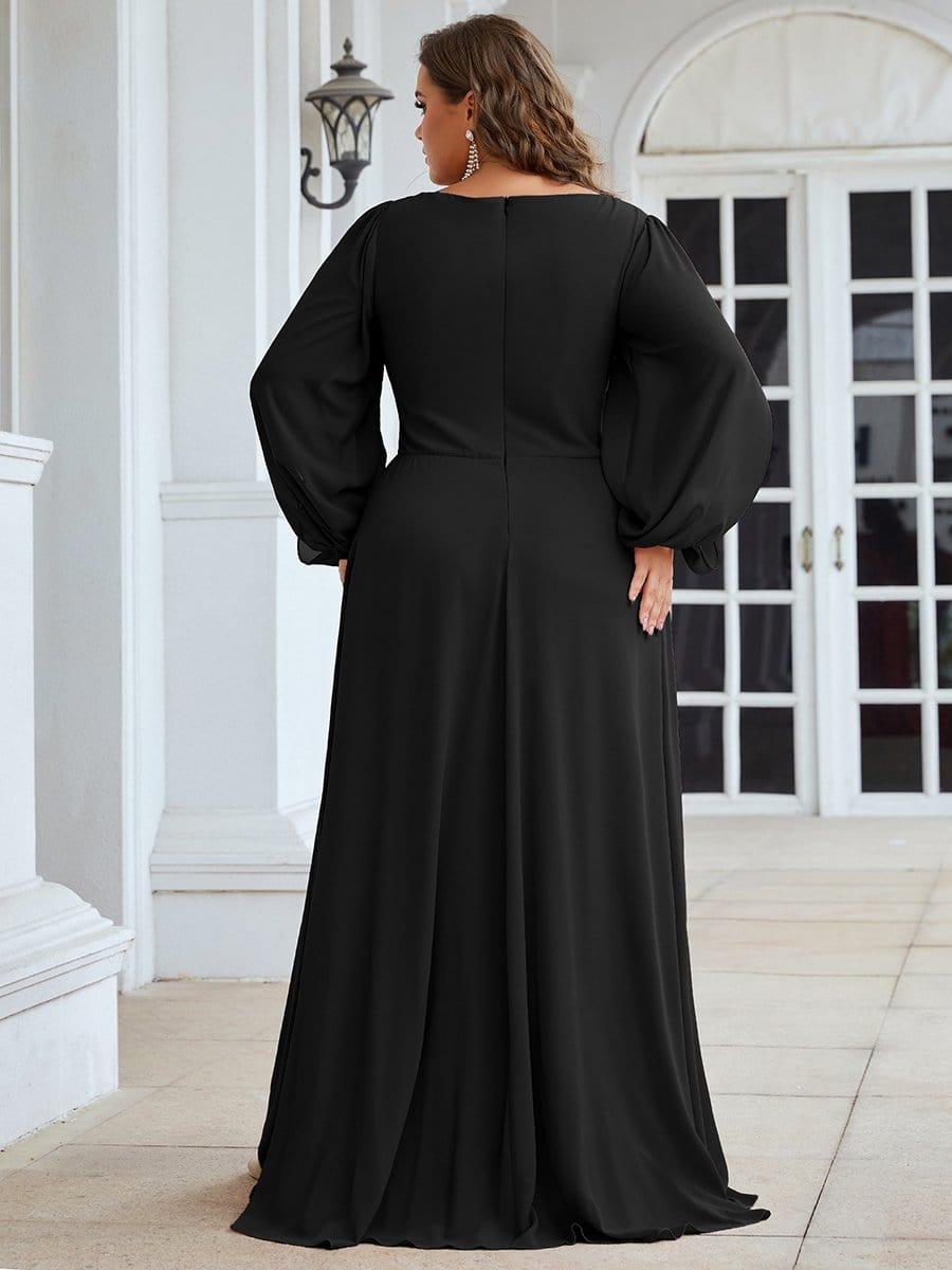 ever AMOUR|Lantern Long Slit Sleeve Deep V Applique Maxi Evening Dress