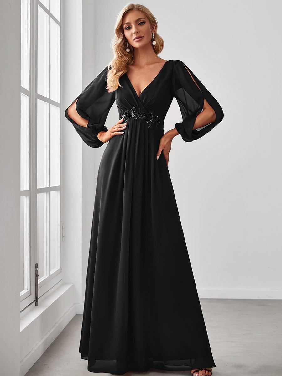 ever AMOUR|Lantern Long Slit Sleeve Deep V Applique Maxi Evening Dress