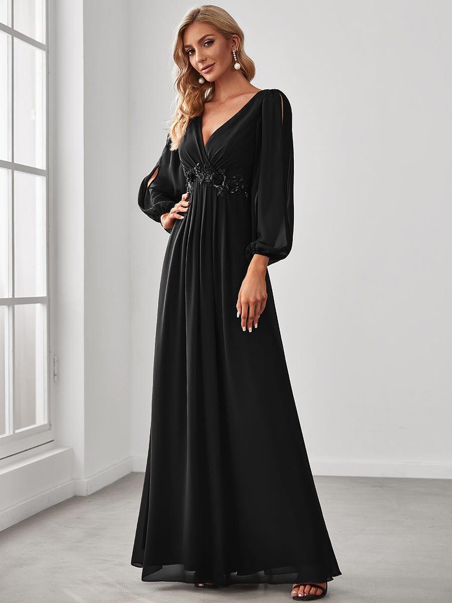 ever AMOUR|Lantern Long Slit Sleeve Deep V Applique Maxi Evening Dress