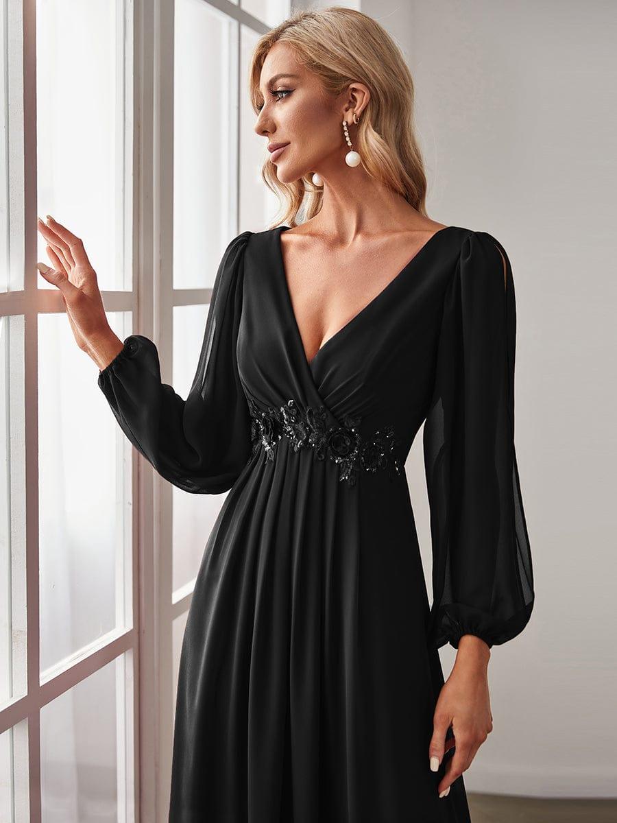 ever AMOUR|Lantern Long Slit Sleeve Deep V Applique Maxi Evening Dress