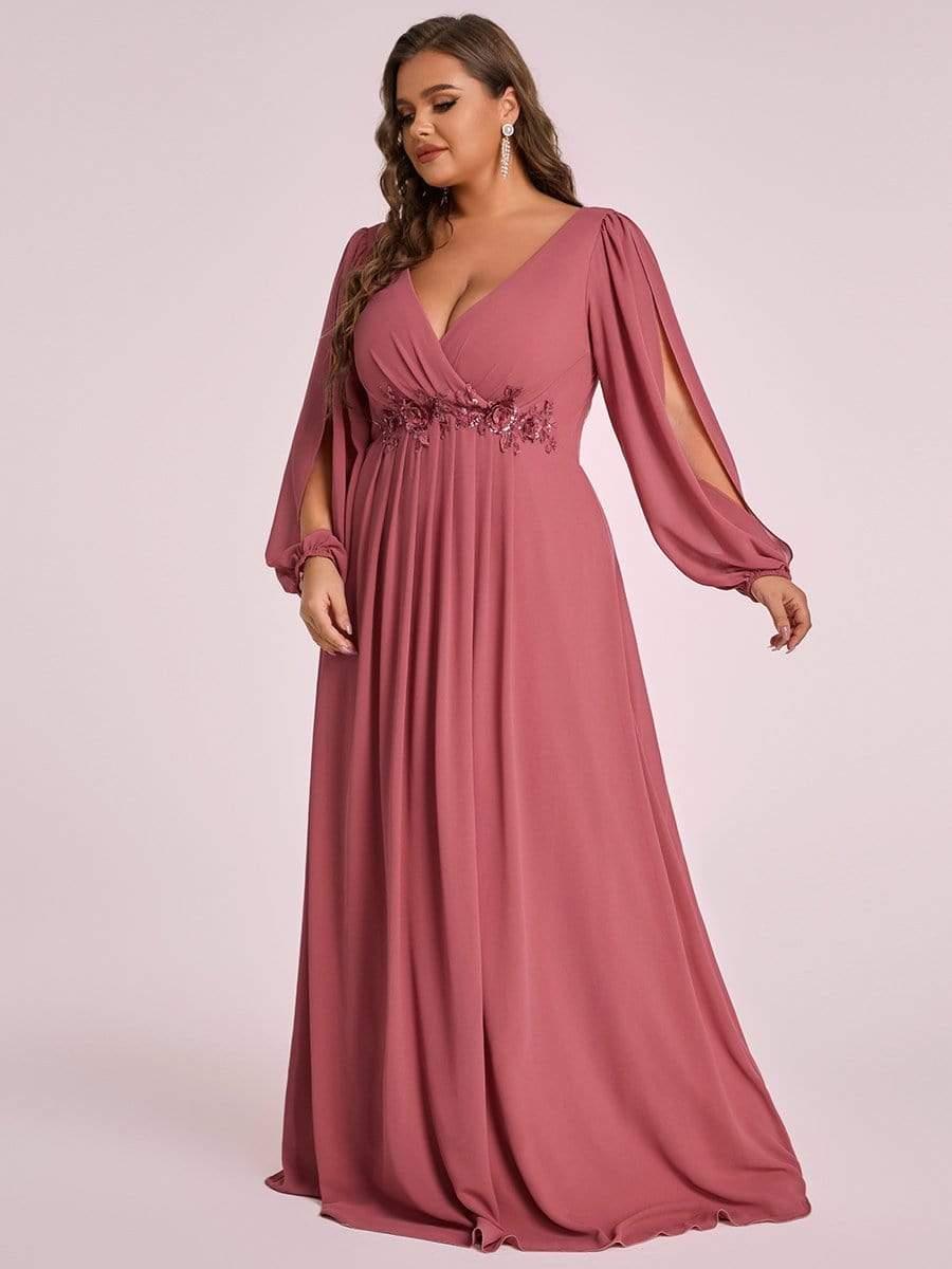 ever AMOUR|Lantern Long Slit Sleeve Deep V Applique Maxi Evening Dress