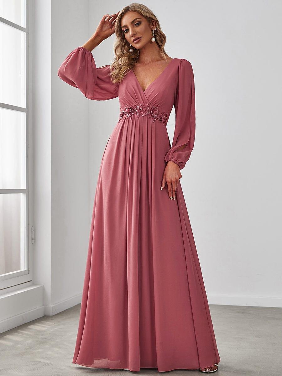 ever AMOUR|Lantern Long Slit Sleeve Deep V Applique Maxi Evening Dress