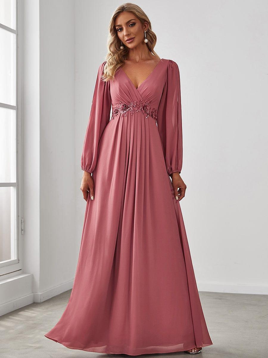 ever AMOUR|Lantern Long Slit Sleeve Deep V Applique Maxi Evening Dress