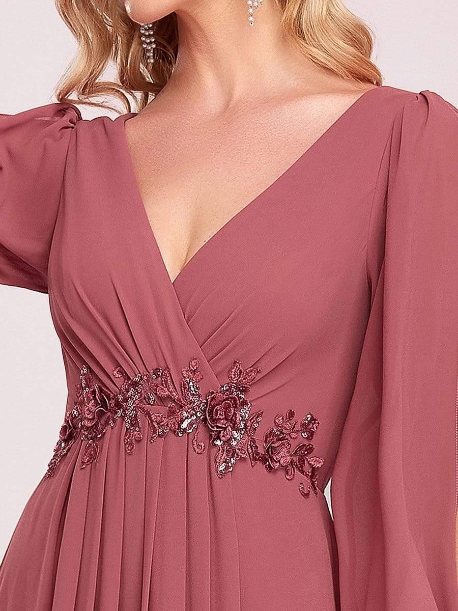 ever AMOUR|Lantern Long Slit Sleeve Deep V Applique Maxi Evening Dress