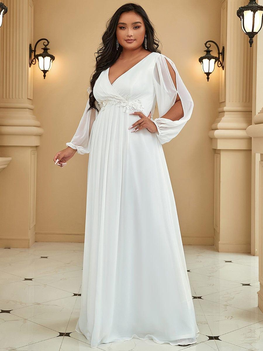 ever AMOUR|Lantern Long Slit Sleeve Deep V Applique Maxi Evening Dress
