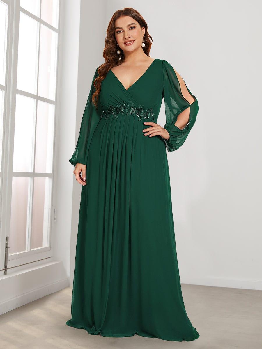 ever AMOUR|Lantern Long Slit Sleeve Deep V Applique Maxi Evening Dress