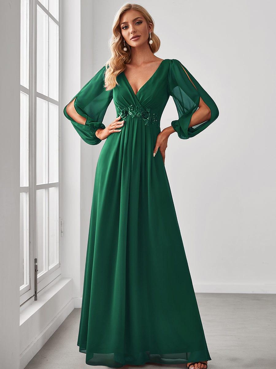 ever AMOUR|Lantern Long Slit Sleeve Deep V Applique Maxi Evening Dress