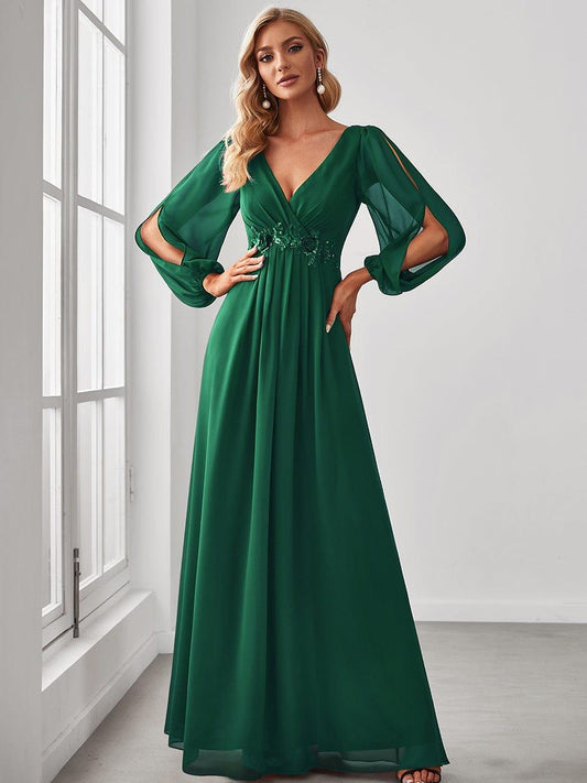 ever AMOUR|Lantern Long Slit Sleeve Deep V Applique Maxi Evening Dress