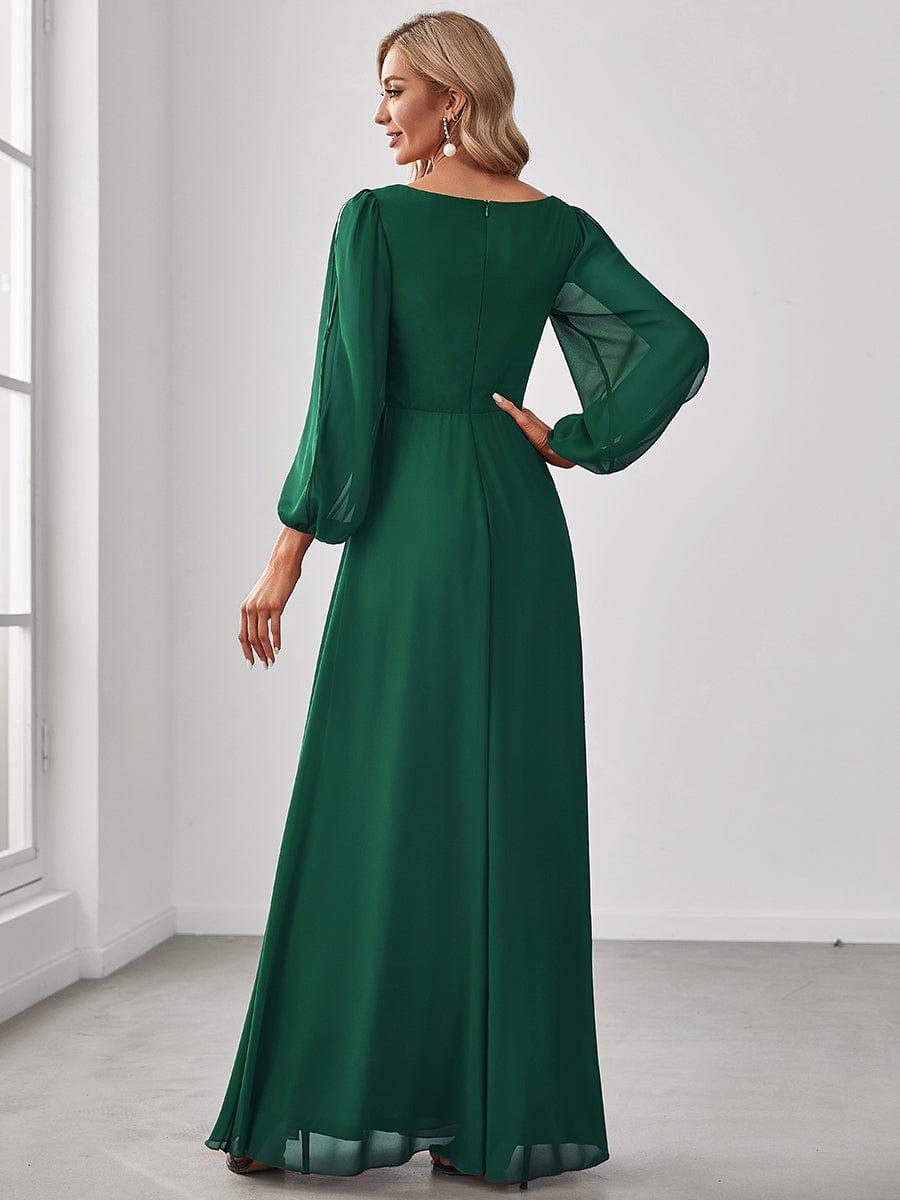 ever AMOUR|Lantern Long Slit Sleeve Deep V Applique Maxi Evening Dress