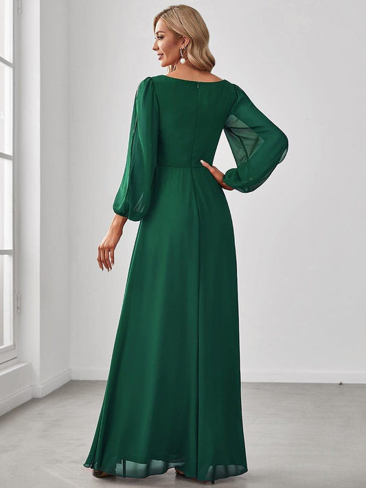 ever AMOUR|Lantern Long Slit Sleeve Deep V Applique Maxi Evening Dress
