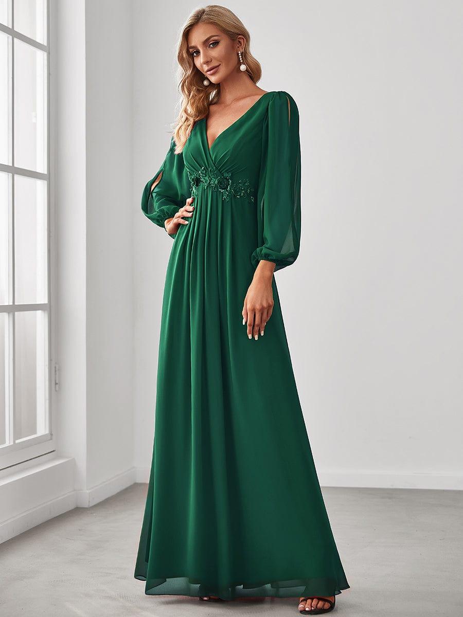 ever AMOUR|Lantern Long Slit Sleeve Deep V Applique Maxi Evening Dress