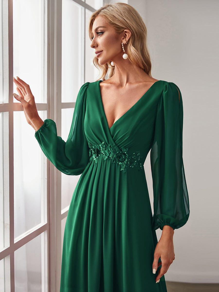 ever AMOUR|Lantern Long Slit Sleeve Deep V Applique Maxi Evening Dress