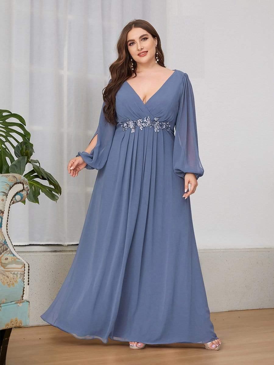 ever AMOUR|Lantern Long Slit Sleeve Deep V Applique Maxi Evening Dress