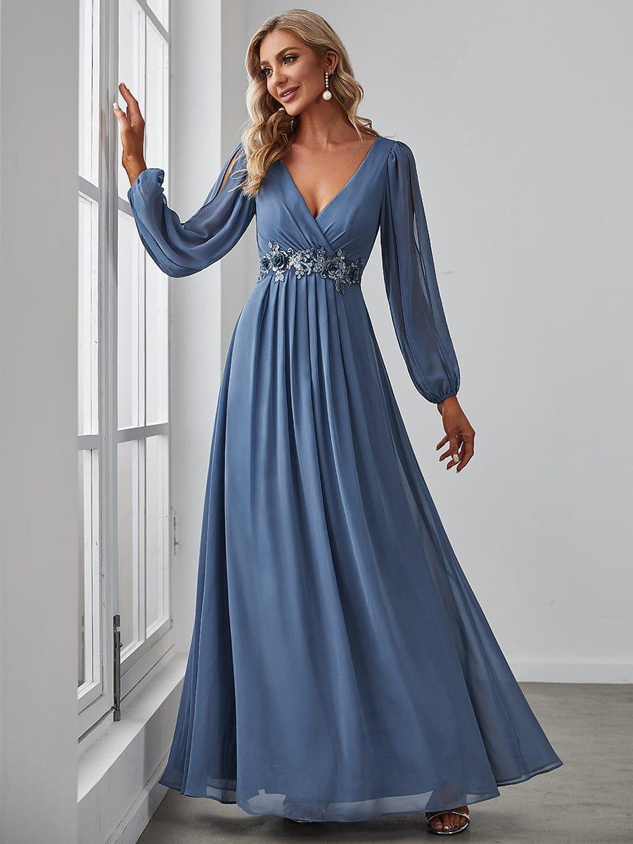 ever AMOUR|Lantern Long Slit Sleeve Deep V Applique Maxi Evening Dress