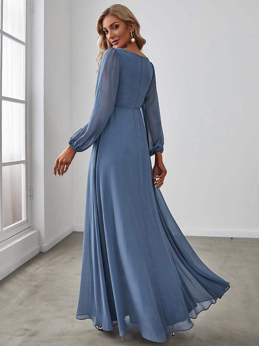ever AMOUR|Lantern Long Slit Sleeve Deep V Applique Maxi Evening Dress