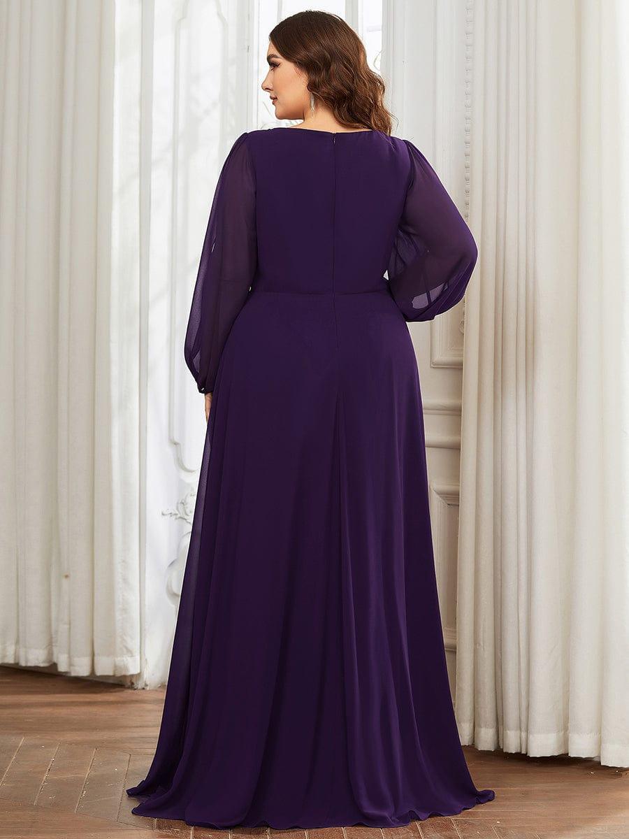 ever AMOUR|Lantern Long Slit Sleeve Deep V Applique Maxi Evening Dress