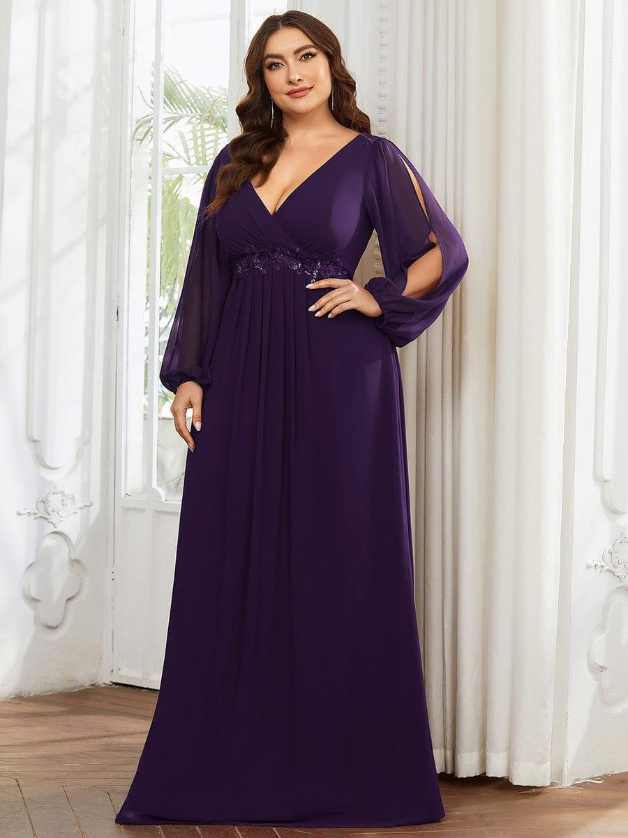 ever AMOUR|Lantern Long Slit Sleeve Deep V Applique Maxi Evening Dress