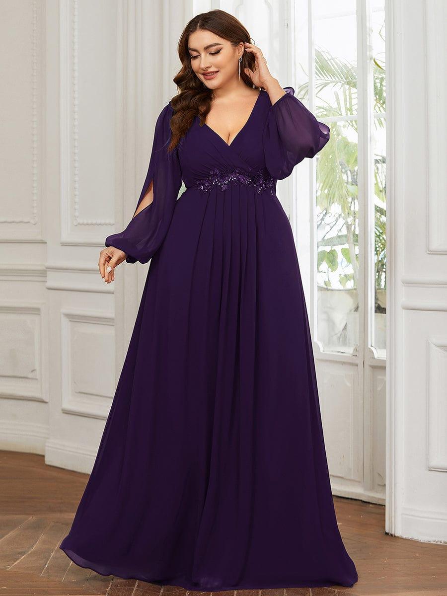 ever AMOUR|Lantern Long Slit Sleeve Deep V Applique Maxi Evening Dress