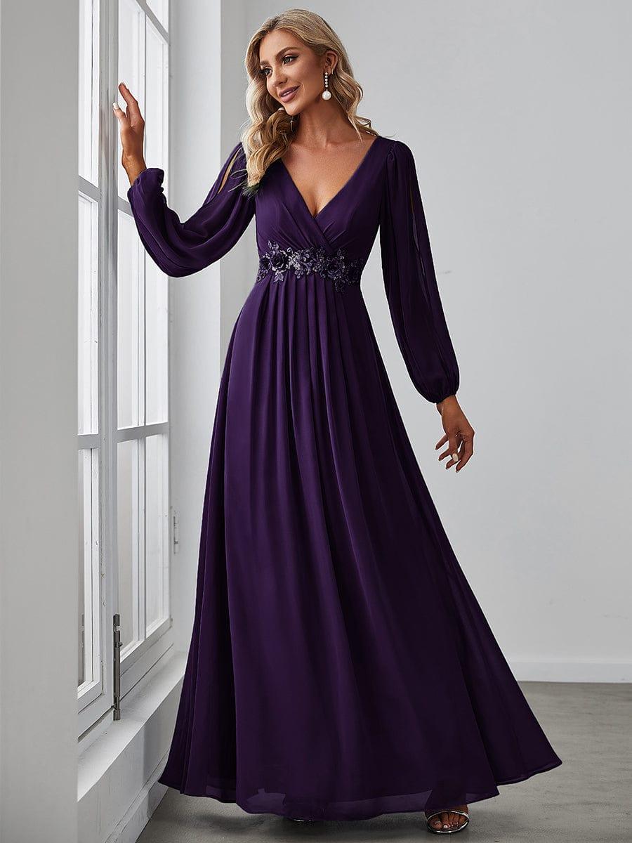 ever AMOUR|Lantern Long Slit Sleeve Deep V Applique Maxi Evening Dress
