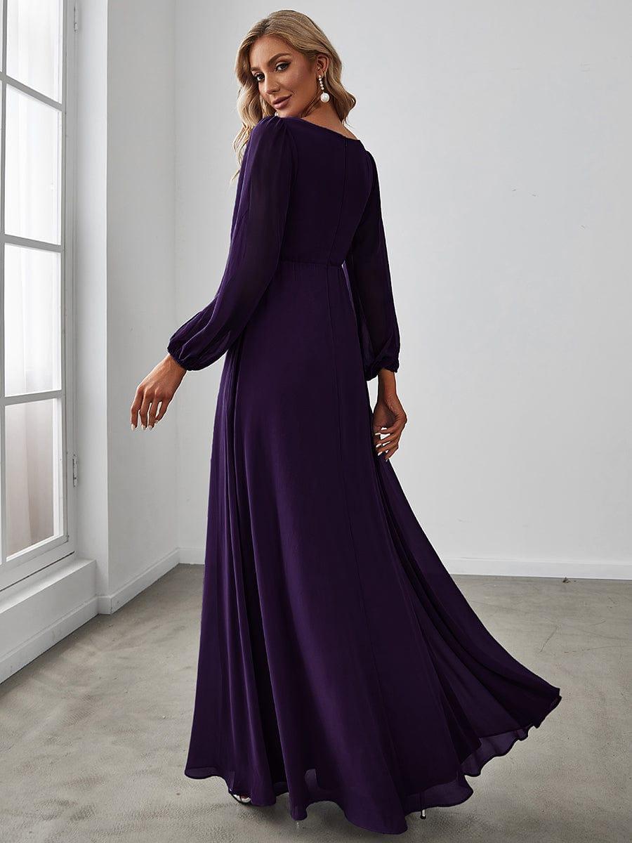 ever AMOUR|Lantern Long Slit Sleeve Deep V Applique Maxi Evening Dress