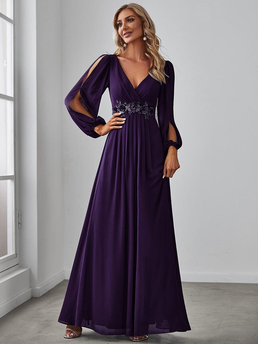 ever AMOUR|Lantern Long Slit Sleeve Deep V Applique Maxi Evening Dress