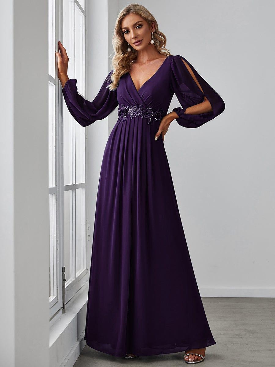 ever AMOUR|Lantern Long Slit Sleeve Deep V Applique Maxi Evening Dress