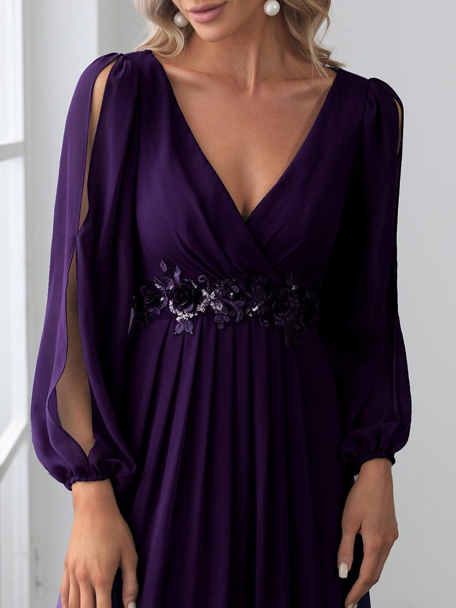 ever AMOUR|Lantern Long Slit Sleeve Deep V Applique Maxi Evening Dress