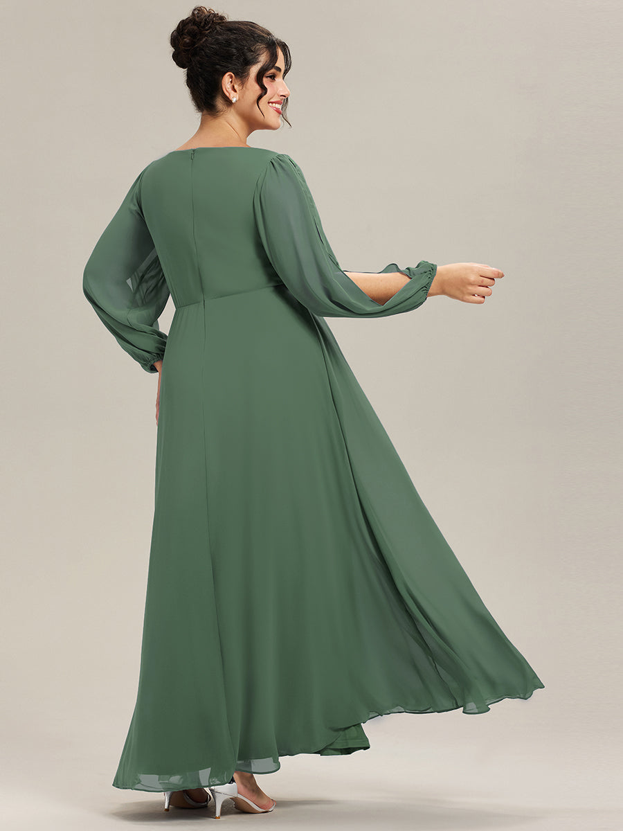 ever AMOUR|Lantern Long Slit Sleeve Deep V Applique Maxi Evening Dress