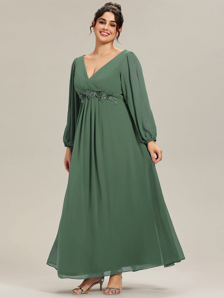 ever AMOUR|Lantern Long Slit Sleeve Deep V Applique Maxi Evening Dress