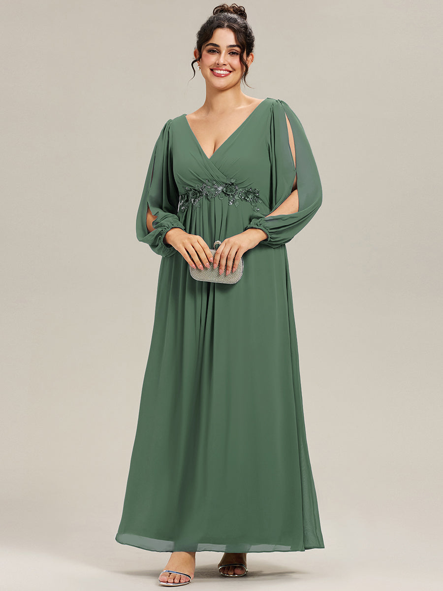 ever AMOUR|Lantern Long Slit Sleeve Deep V Applique Maxi Evening Dress