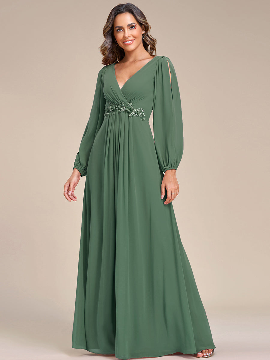 ever AMOUR|Lantern Long Slit Sleeve Deep V Applique Maxi Evening Dress