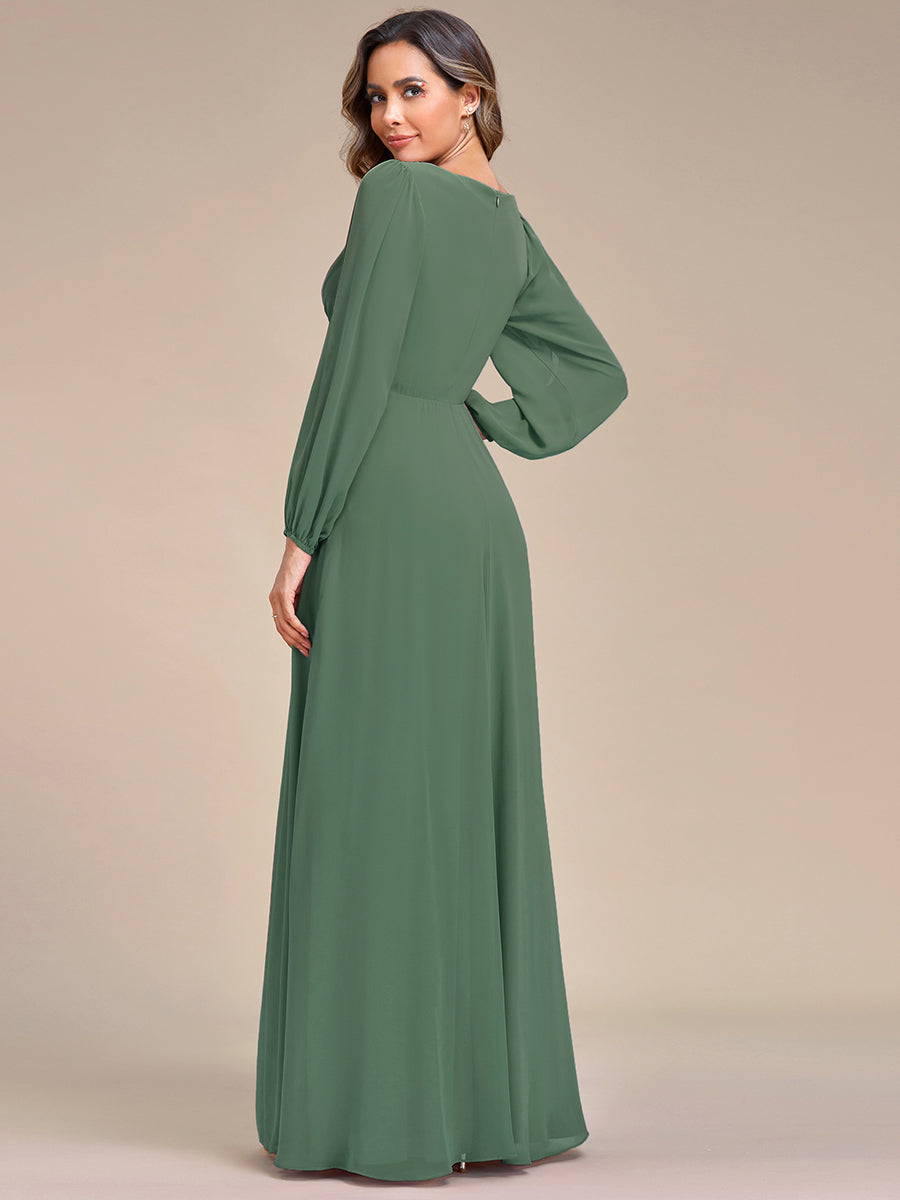 ever AMOUR|Lantern Long Slit Sleeve Deep V Applique Maxi Evening Dress