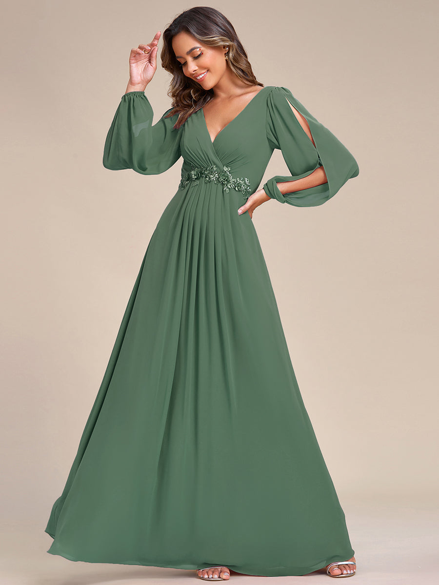 ever AMOUR|Lantern Long Slit Sleeve Deep V Applique Maxi Evening Dress